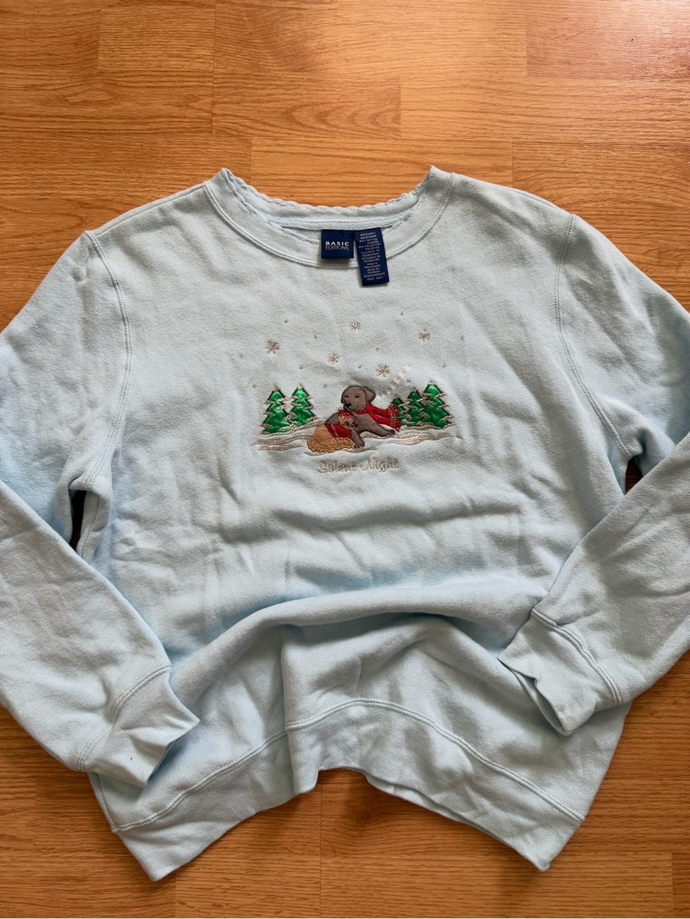 Vtg Basic Editions Silent Night Christmas Dog Sweatshirt Medium Winter Blue